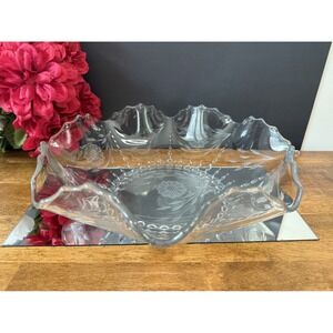 Vintage WJ Hughes‎ Cornflower Crystal Footed Serving Bowl Etched Floral Leaf